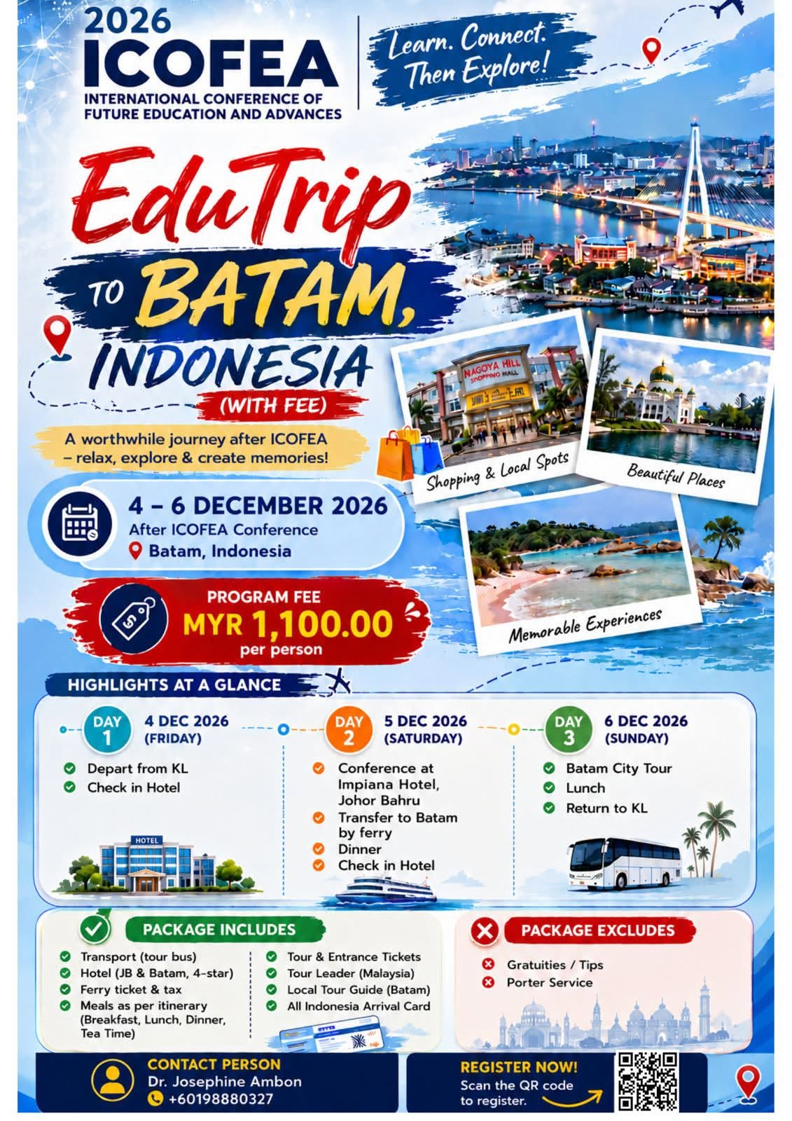 Official ICOFEA 2026 EduTrip to Batam, Indonesia poster showing the 4 to 6 December 2026 programme, MYR 1,100 package fee, itinerary, inclusions and exclusions